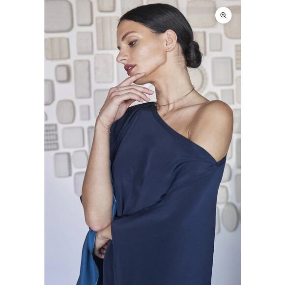 Ocean + Main - Navy and Teal Boatneck Silk Caftan - 1X - Picture 4 of 16